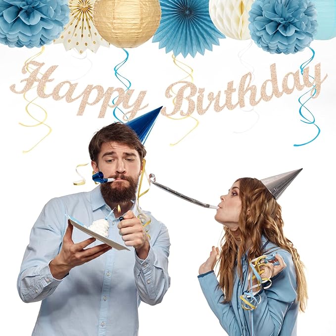 Light-Dusty Blue Beige-Champagne Women Birthday-Decorations - 21pcs Boho Neutral Happy Banner Garland,Paper Streamers Lanterns,Flower Tissue Pom Poms Fan Supplies,Wall Backdrop Party Decor Huglony