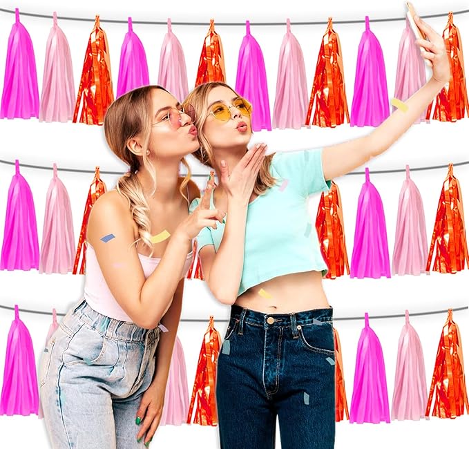 3P Hot Pink Orange LightPink Metallic Fringe Banner Garland Foil Tinsel Streamer Backdrop Banners for Parties, Wall Hanging Curtain Parade Floats,Graduation Decorations, Wedding Party Decoration