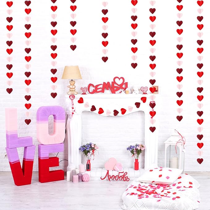 Pink Red Party-Decorations Heart-Garland - 39Ft 3D Burgundy Proposal Romantic Special Night Galentines Hanging Paper Streamers Banner,Engagement Wedding Baby Bridal Shower Decor Ouruola