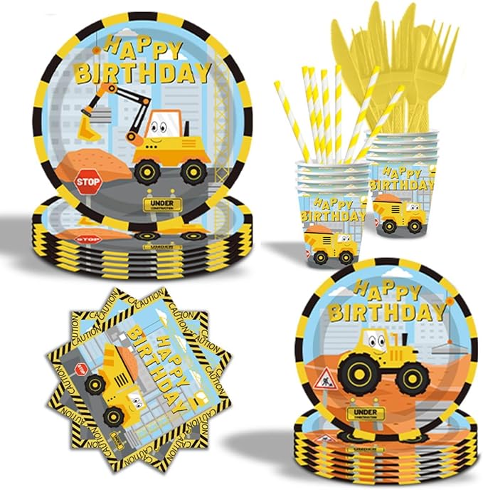 Construction Vehicle Paper Plates Set,162 Pcs Paper Plates Napkins Cups Tablecloth Knives Fork Spoon Papers Banner and Straws for Party Supplies Serves 20 Guests (Boys)