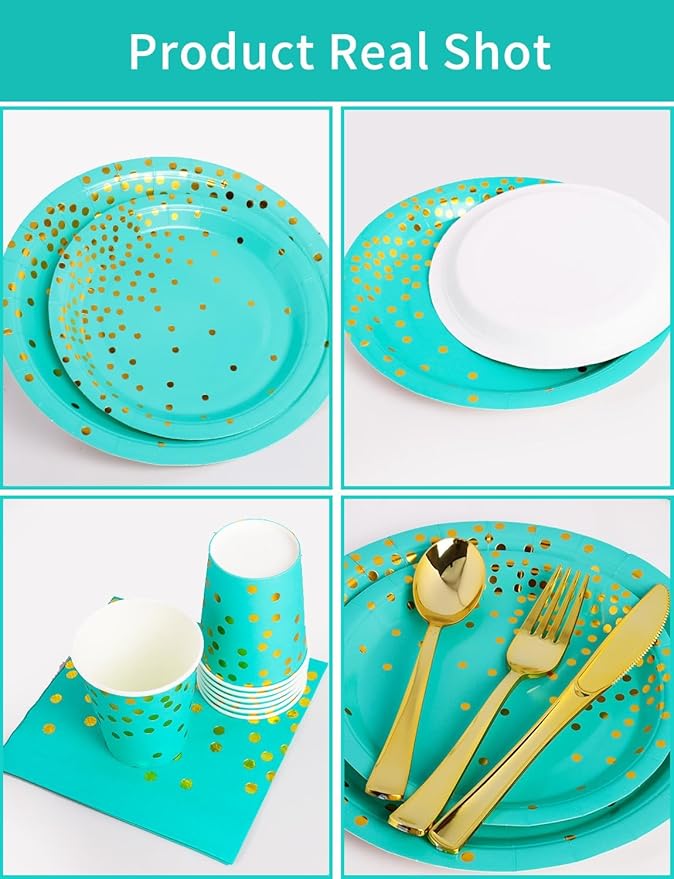 141 Pieces Blue Green and gold Party Supplies, Disposable Party Decorations Sets Include Paper Plates Napkins Cups, Plastic Forks Knives Spoons, for Baby Shower Birthday Wedding -20 Guests