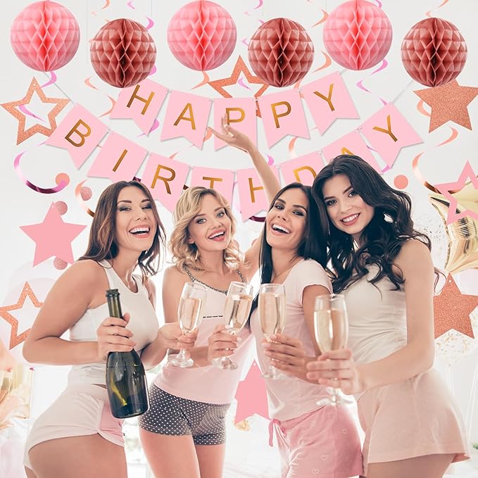 meowtastic Birthday Decorations, Happy Birthday Banner with Honeycomb Ball, Star Hanging Swirl Streamer, Circle Dot Garland, Happy Birthday Party Decoration for Women Men Boy Girls (Rose Gold & Pink)