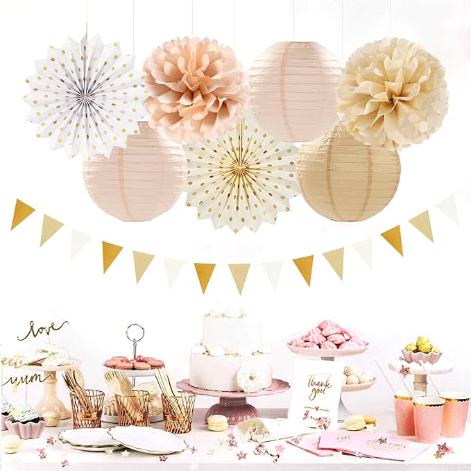 Beige-Champagne Gold White-Peach Boho Party-Decorations - 20pcs Neutral Baby Shower Rustic Wedding Paper Lanterns Fans,Tissue Pom Poms,Honeycomb Balls,Bunting,Birthday Bridal Decor Burgleda