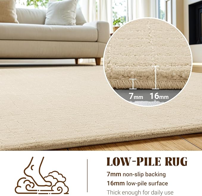 Shilucheng Wool Rug 4x7 Ft, 80% New Zealand Wool& 20% Cotton Rugs for Living Room, Bedroom, Soft Low Pile Area Rug 100% Cotton Non-Slip Backing Large Area Rug (Beige/White)