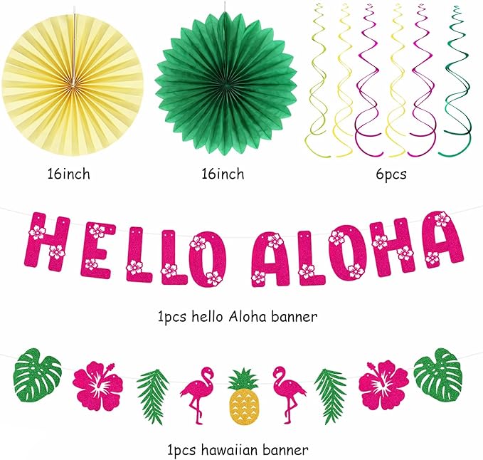 Hawaiian Aloha-Luau Flamingo Party-Decorations Supplies - 21pcs Hello Banner,Pool Paper Lanterns Honeycomb,Beach Theme Streamers Garland,Tissue Pom Poms Flowers Fan,Tropical Summer Tiki Decor Burgleda