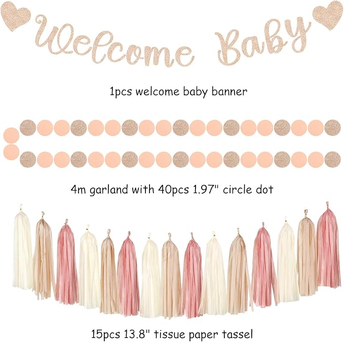 Blush-Pink Rose-Gold Fall Baby-Shower Party-Decorations - 31pcs Welcome Home Banner Sign,Neutral Paper Lanterns,Girl Streamers Garland,Boho Hanging Tissue Pom Poms Flowers Fans Backdrop Decor Burgleda