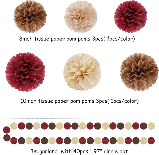 Boho Baby-Shower Burgundy-Brown Champagne Party-Decorations - 28pcs Neutral Birthday Rustic Wedding Bridal Tissue Pom Poms Streamers, Fall Autumn Tassel Garland Banner, Engagement Decor Ouruola