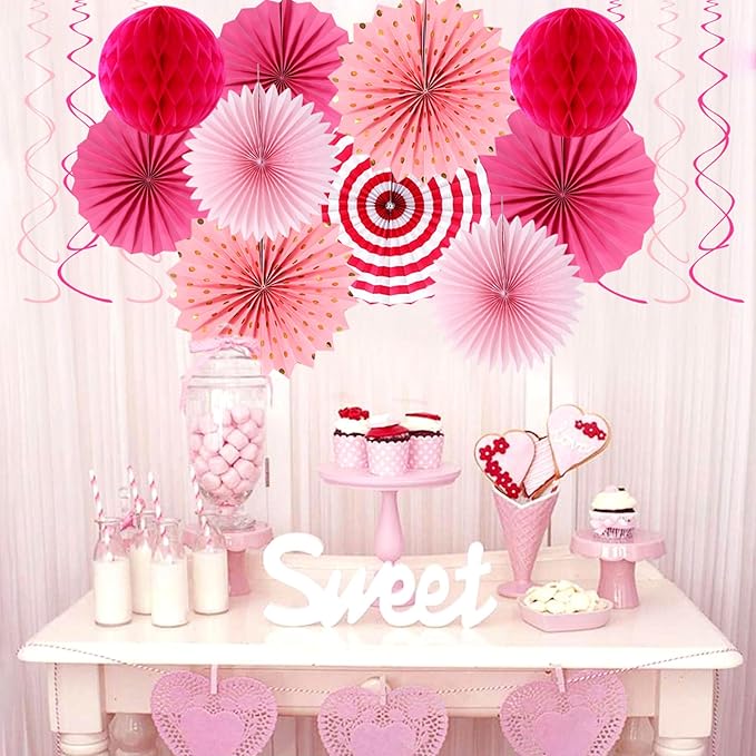 Hot-Pink Rose Red Party-Decorations - 33pcs Banner,Streamers Tassel Garland,Tissue Pom Poms Honeycomb,Paper Lanterns Fan,Birthday Wedding Bridal Baby Shower Bachelorette Engagement Decor Hugtmr