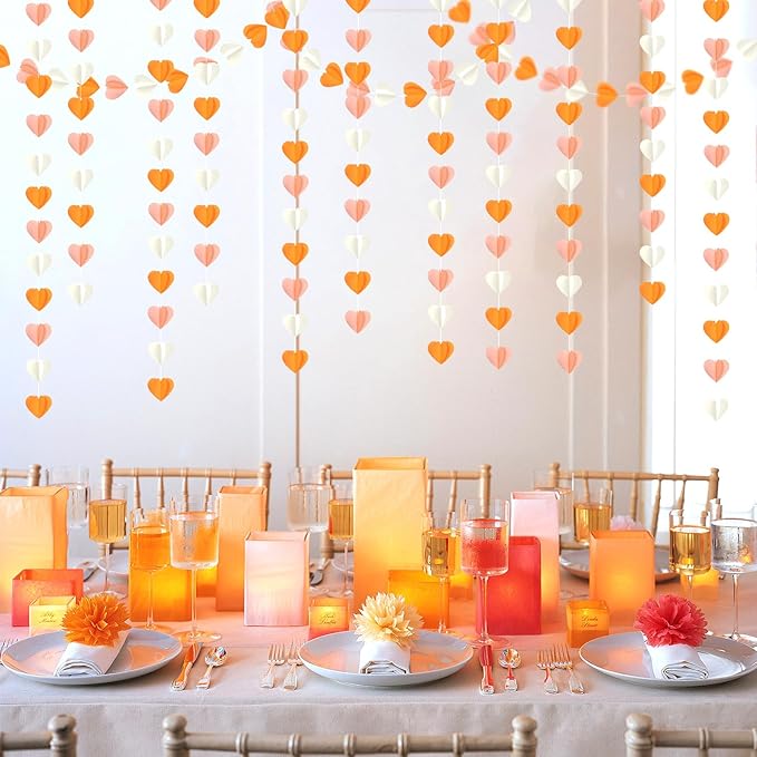 Beige-Orange Peach Fall Party-Decorations Heart-Garland - 39Ft Autumn Thanksgiving Birthday Boho Hanging Paper Streamers Banner,Birthday Bachelorette Baby Bridal Shower Engagement Decor Ouruola