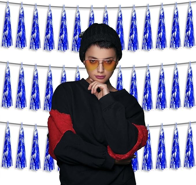 3P Metallic Fringe Tassel Banner Garland Foil Tinsel Streamer Wall Hanging Curtain Backdrop Banner for Parade Floats, Graduation Decorations, Retirement Party Decoration(Blue