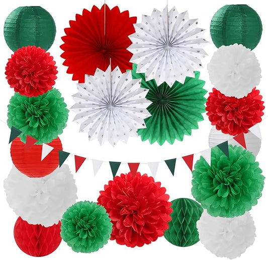 Red Green-White Christmas Party Decorations - 20pcs Mexican Italian Paper Lanterns Fans,Tissue Pom Poms,Honeycomb Balls,Bunting,Birthday Mexico Italy Baby Shower Wedding Decor Burgleda