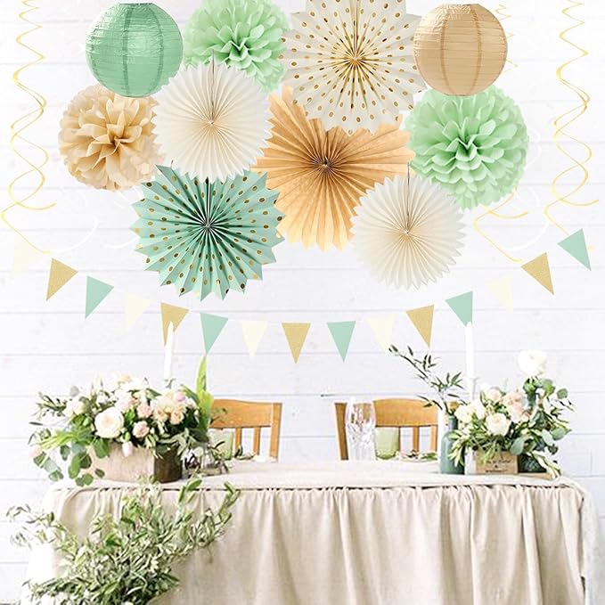 Sage-Green Beige Champagne-Gold Party-Decorations - 33pcs Neutral Women Birthday Baby Shower Banner,Streamers Tassel Garland,Tissue Pom Poms,Paper Lantern Fans,Boho Wedding Bachelorette Decor Hugtmr