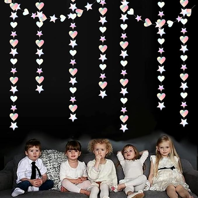 Iridescent Disco-Holographic Party-Decorations Star Heart-Garland - 52Ft Neon Wedding Hanging Paper Streamers Banner,Birthday Bachelorette Baby Bridal Shower Engagement Decor Ouruola