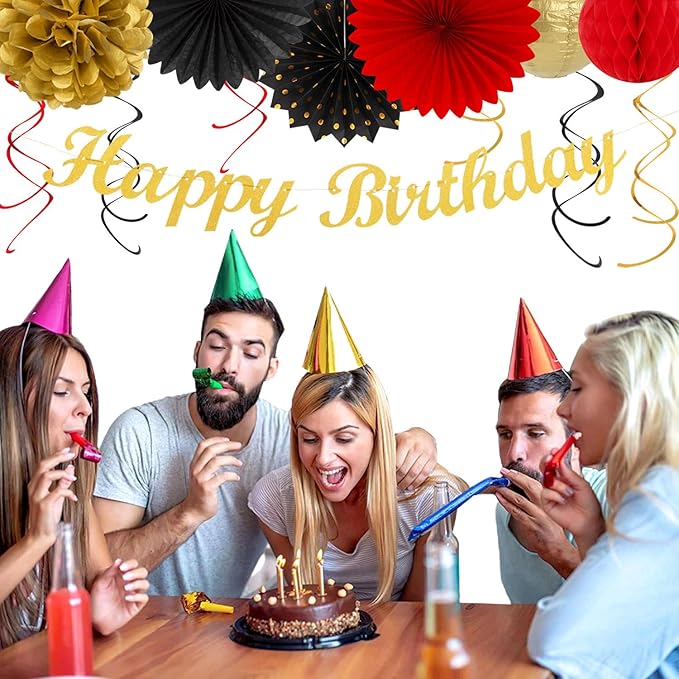 Red-Black Gold Casino-Theme Birthday Party-Decorations - 21pcs Happy Banner,Game Night Paper Lanterns,Tissue Pom Poms Flower Fan,Honeycomb Ball,Swirl Streamers Garland Supplies Women Men Decor Huglony