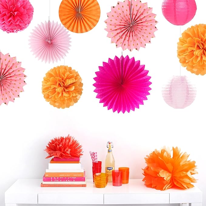 Hot-Pink Burnt-Orange Fall Party Decorations - 33pcs Birthday Baby Shower Banner,Streamers Tassel Garland,Sunset Autumn Thanksgiving Tissue Pom Poms,Paper Lantern Fans,Wedding Backdrop Decor Hugtmr