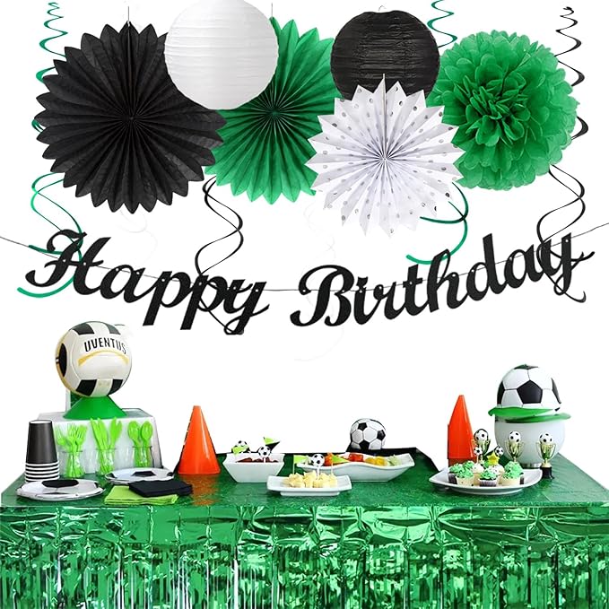 Black Green White Birthday Party-Decorations - 21pcs Boys Men Happy Birthday Banner,Paper Streamers Lanterns Honeycomb,Flower Tissue Pom Poms Fan Supplies Decor Huglony