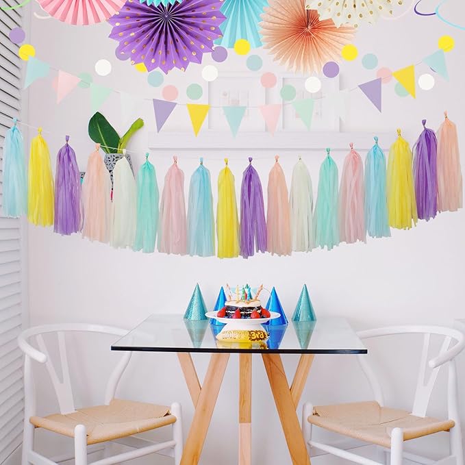 Pastel Rainbow Pink Purple Yellow Peach Party-Decorations - 33pcs Kits Banner,Streamers Tassel Garland,Tissue Pom Poms Honeycomb,Paper Lantern Fans,Birthday Wedding Bridal Baby Shower Decor Hugtmr