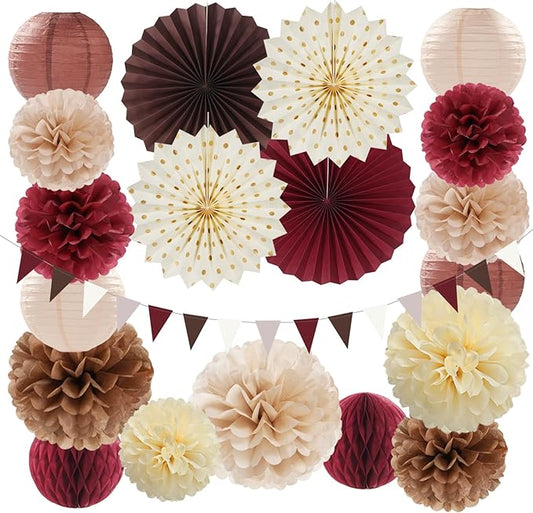 Burgundy Brown Beige Boho Party-Decorations - 20pcs Dusty Pink Fall Birthday Paper Lanterns Fans,Tissue Pom Poms,Honeycomb Balls,Autumn Wedding Bridal Shower Rustic Neutral Baby Decor Burgleda