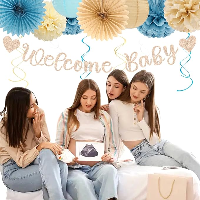 Light-Dusty Blue Beige-Champagne Baby-Shower Party-Decorations - 31pcs Welcome Home Banner Sign,Boy Paper Lanterns,Neutral Streamers Garland,Boho Tissue Pom Poms Flowers Fans Backdrop Decor Burgleda