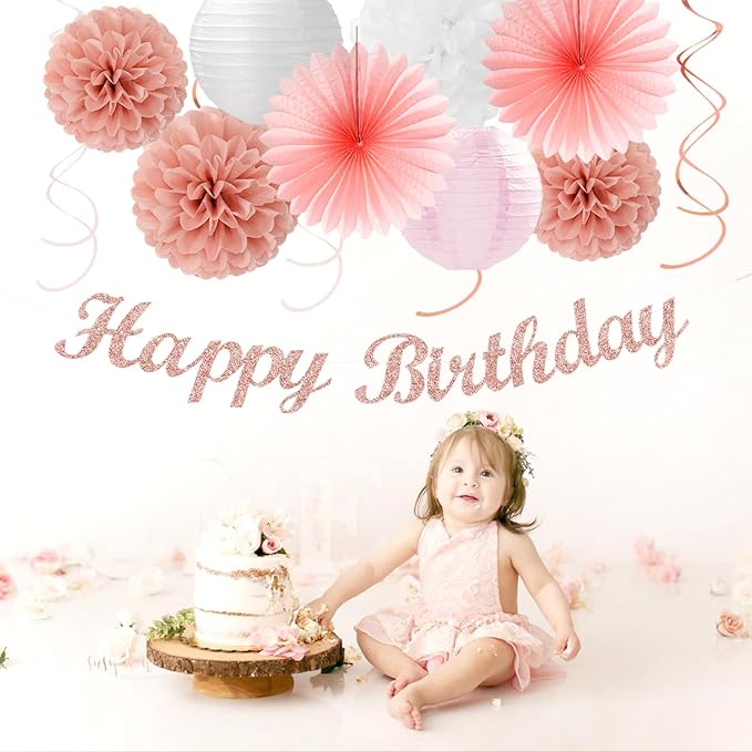 Rose-Gold Pink-White Happy Birthday Party-Decorations - 31pcs Sweet First 16 18th 21st Women Girls Paper Lanterns Streamers Banner,Tissue Pom Poms Decor,Flower Fans Tassels Graland Supplies Hugmoon