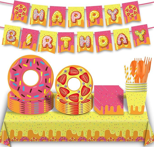 Donut Themed Birthday Tableware Set,162 Pcs Paper Plates Napkins Cups Tablecloth Knives Fork Spoon Paper Banner and Straws for Birthday Christmas Party Supplies Serves 20 Guests (Girls)