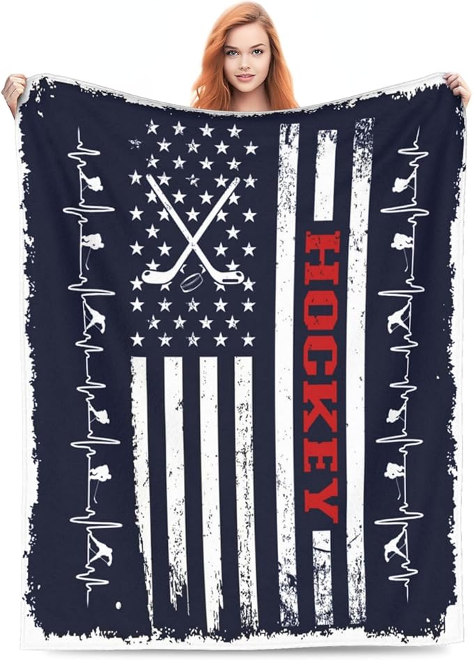 Hockey Blanket, Navy Blue American Flag Throw Blanket Hockey Gifts for Men Women Boys Girls Lover Adult Cozy Fleece Flannel Bedding Stuff Plush for Couch Sofa Bed Decor 60"X50"