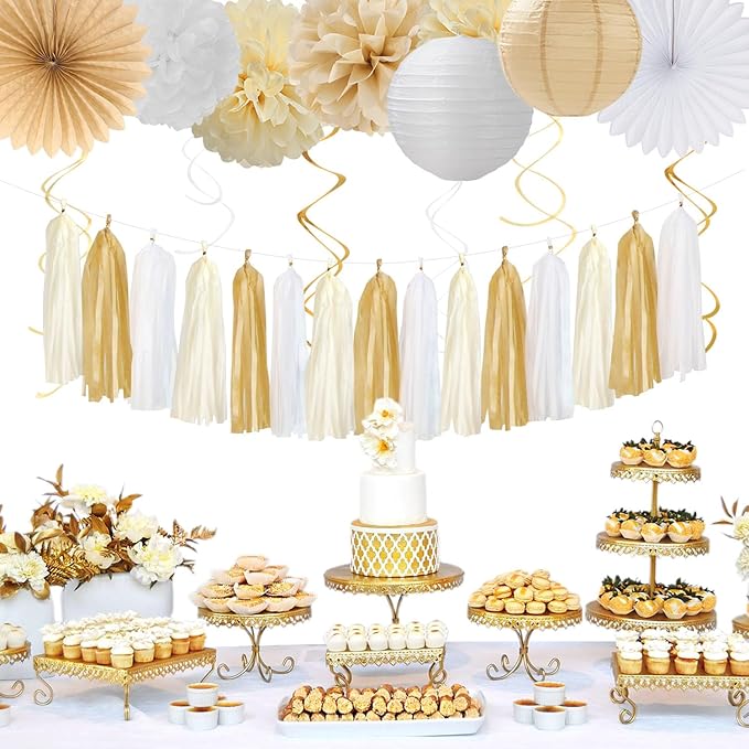 Champagne Gold White Bridal-Shower Party-Decorations - 31pcs Bride To Be Banner,Boho Neutral Bachelorette Paper Lanterns,Wedding Streamers Garland,Tissue Pom Poms Flower Fan Decor Supplies Burgleda