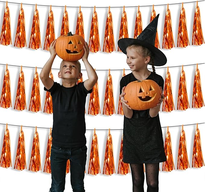 3P Metallic Fringe Tassel Banner Garland Foil Tinsel Streamer Wall Hanging Curtain Backdrop Banner for Parade Floats, Halloween Decorations, Christmas Day, Fall, Thanksgiving Party Decoration(Orange)