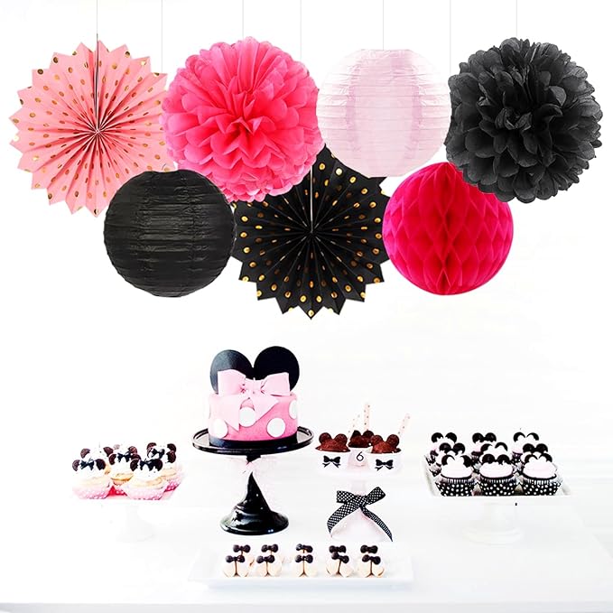 Hot-Pink Black Birthday Party-Decorations Streamers Lanterns - 14pcs Baby Girl Paper Honeycomb Fan,Tissue Pom Poms, Graduation Engagement Bachelorette Backdrop Decor Ouruola