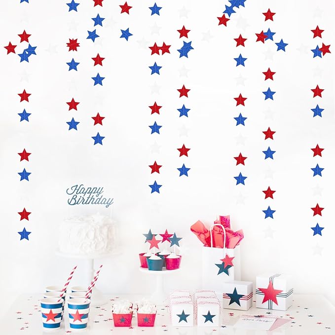 Fourth-4th of July Memorial-Day Party-Decorations - 62ft Patriotic Red-Blue White Twinkle Little Star Hanging Streamers-Garland Banner,Independence Graduation Baby Shower Birthday Decor Hugtmr
