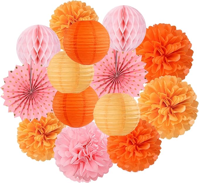 Pink-Orange Groovy-Thanksgiving Engagement Party-Decorations - 14pcs Fall Autumn Harvest Paper Lanterns Fan,Tissue Pom Poms Streamers,Honeycomb Balls,Birthday Baby Bridal Shower Wedding Decor Ouruola