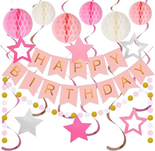 meowtastic Birthday Decorations, Happy Birthday Banner with Honeycomb Balls, Stars Hanging Swirls Streamers, Circle Dots Garland, Happy Birthday Party Decorations for Women Men Boys Girls (Pink)