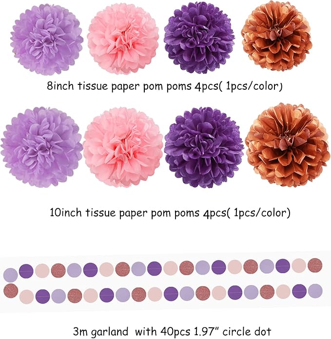Rose-Gold Pink Purple Party Decorations - 30pcs Tissue Pom Poms Streamers,Baby Shower Decorations Girl Women Birthday Tassel Garland Banner,Bachelorette Wedding Engagement Decor Lasting Surprise