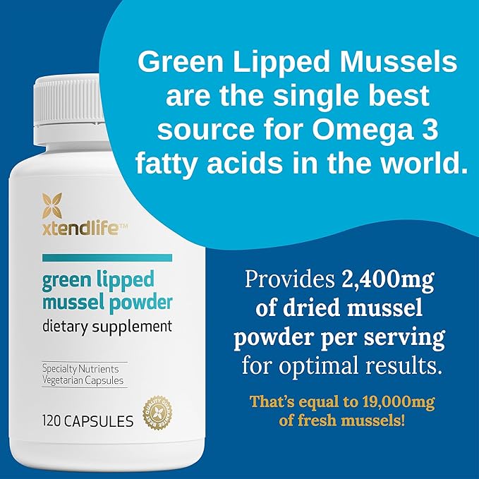 Xtendlife Green Lipped Mussel Powder - 2400mg Extra Strength Joint & Muscle Support Supplement from New Zealand with Omega 3 - 1 Month Supply