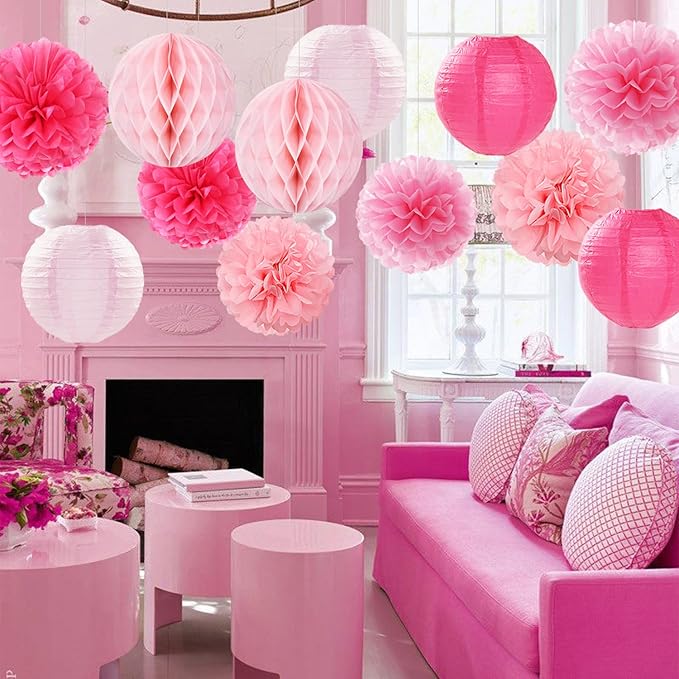 Rose Hot-Pink Party Decorations - 20pcs Paper Lanterns Fans,Tissue Pom Poms,Honeycomb Balls,Bunting,Birthday Wedding Bachelorette Baby Shower Bridal Graduation Engagement Decor Burgleda