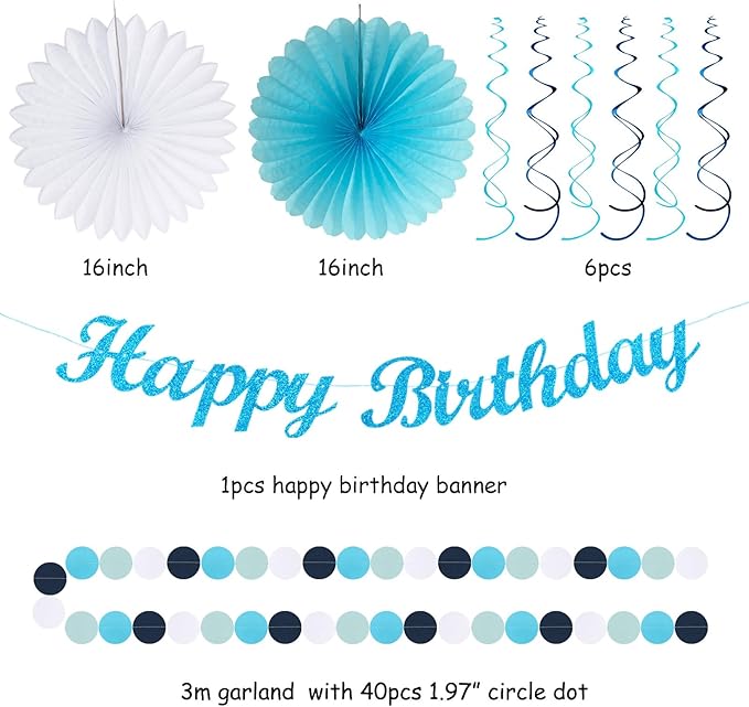 Light-Royal Blue White Birthday Party-decorations - 21pcs Boys Men Ocean Happy Banner,Navy Dusty Paper Streamers Lanterns Honeycomb,tissue Pom Poms Fan,Nautical Adult Garland Supplies Decor Huglony