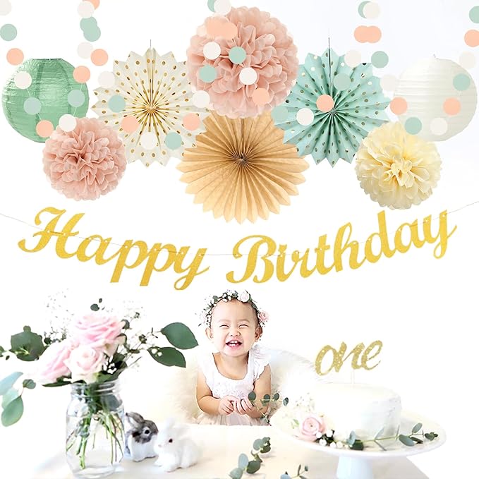 Sage-Green Blush-Pink Beige Birthday Party-Decorations - 21pcs Happy Banner,Cream Light Dusty Pink Paper Lanterns Pom Poms,Rustic Boho Neutral Streamers Garland,Women Girls Decor Supplies Huglony