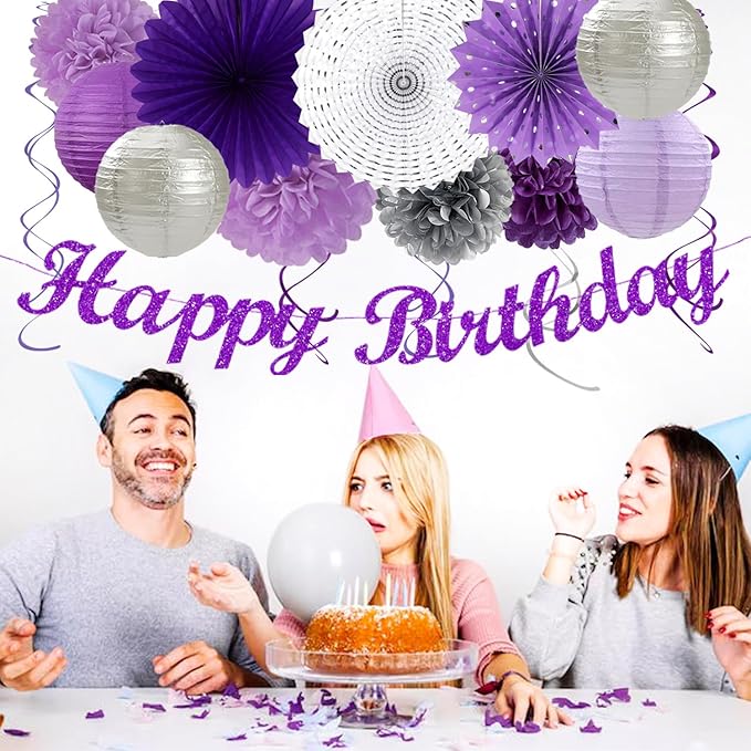 Purple Lilac-Lavender Silver Women Birthday Party-Decorations - 21pc Happy Banner,Paper Lanterns Streamers,Tissue Pom Poms Honeycomb Flower Fan, Girls Hanging Decor Supplies Garland Backdrop Huglony