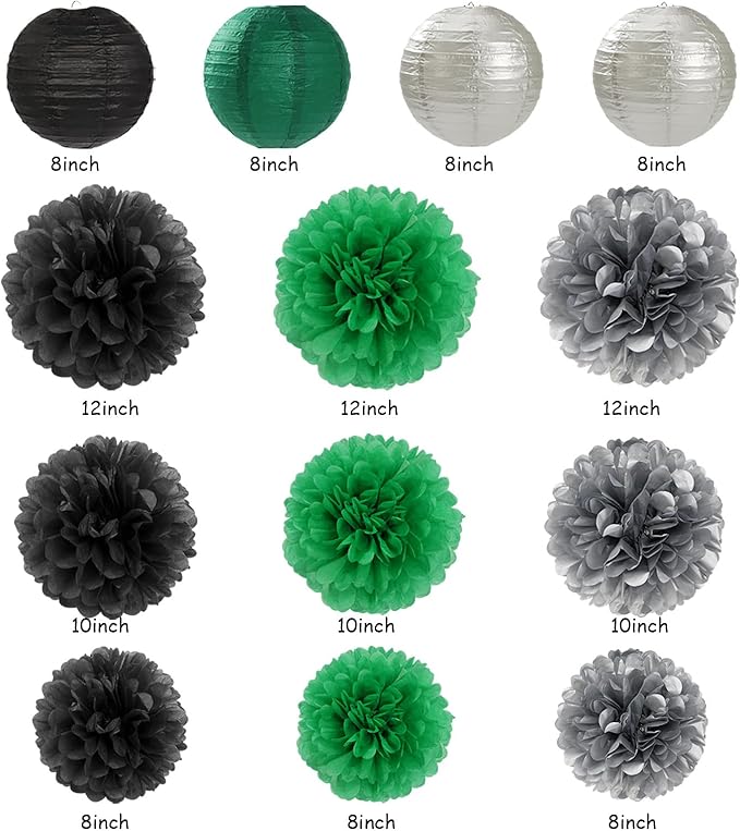 Black Green Silver Football Party-Decorations - 20pcs Soccer Theme Graduation Paper Lanterns Fans,Tissue Pom Poms,Honeycomb Balls,Men Boys Birthday Sports Spring Jungle Baby Shower Decor Burgleda