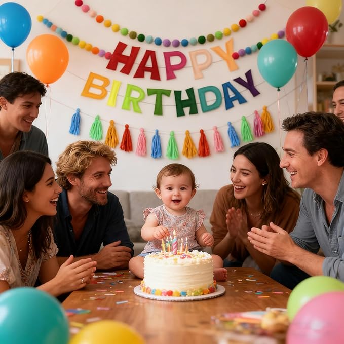 Pre-Strung Happy Birthday Banner Felt Ball Garland Reusable Happy Birthday Garland Pom Pom Party Decor Colorful Thread Tassel Rainbow Party Decorations for Girls Boys Women Men