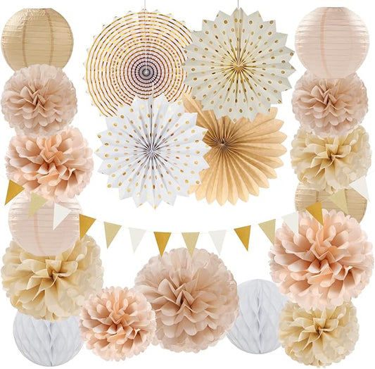 Beige-Champagne Gold White-Peach Boho Party-Decorations - 20pcs Neutral Baby Shower Rustic Wedding Paper Lanterns Fans,Tissue Pom Poms,Honeycomb Balls,Bunting,Birthday Bridal Decor Burgleda