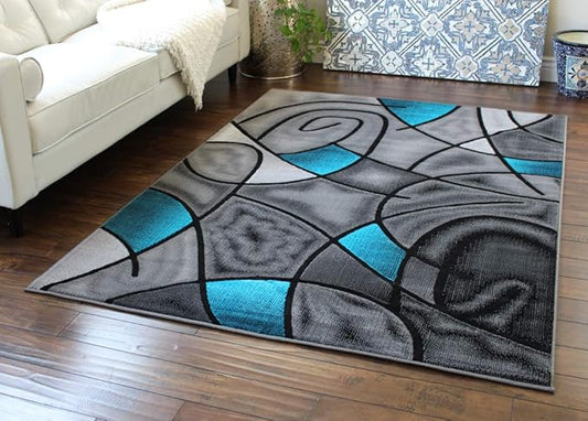 Masada Rugs, Modern Contemporary Area Rug, Turquoise Grey Black (6 Feet X 9 Feet)
