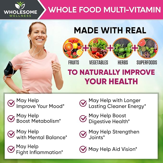 Wholesome Wellness Whole Food Multivitamin for Women - Natural Multi Vitamins, Minerals, Organic Extracts - 120 Tablets