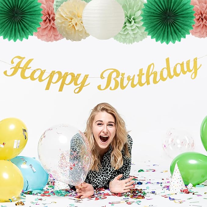 Olive Sage-Green Beige Happy-Birthday Party-Decorations - 31pcs Women Girls Adults Paper Lanterns Streamers Banner,Tissue Pom Poms Decor,Flower Fans Tassels Graland Boho Neutral Supplies Hugmoon
