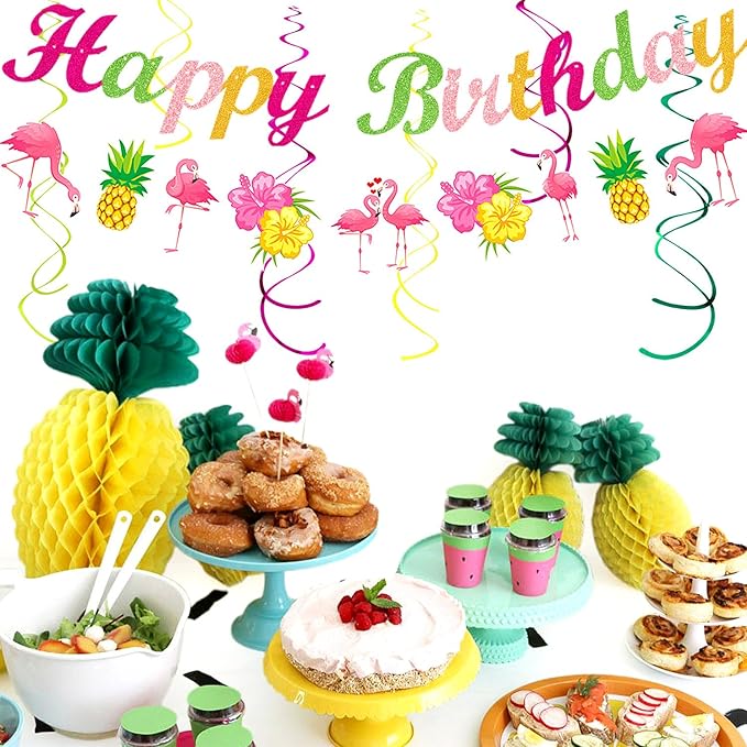 Hawaiian Luau Birthday Party-Decorations Supplies - 21pcs Happy Banner,Beach Paper Lanterns Honeycomb,Flamingo Pool Streamers Garland,Summer Tissue Pom Poms Flowers Fans,Tropical Tiki Decor Burgleda