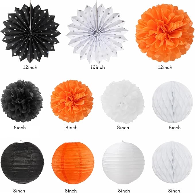 Black-White Orange Happy-Halloween Party-Decorations - 21pcs Birthday Banner,Paper Lanterns Honeycomb,Tissue Pom Poms Flower Fan,Kids Classroom Hanging Streamers Garland Decor Supplies Huglony