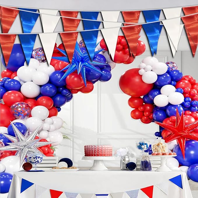 40M/130FT White Blue Red Triangle Pennant Banner Flag Metallic Fabric Bunting Garland for Christmas Graduation, Independence Day, 4th of july, Patriotic Themed Party Decoration
