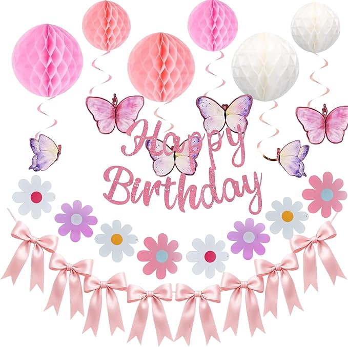 Pink Birthday Decorations Kit Happy Birthday Banner with Honeycomb Ball Butterfly Hanging Swirl Streamer Flower Garland Pink Bow Garland Banner Decoration for Women Men Boys Girls