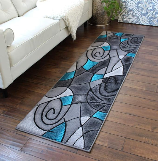 Masada Rugs, Modern Contemporary Runner Area Rug, Blue Grey Black (2 Feet X 7 Feet)