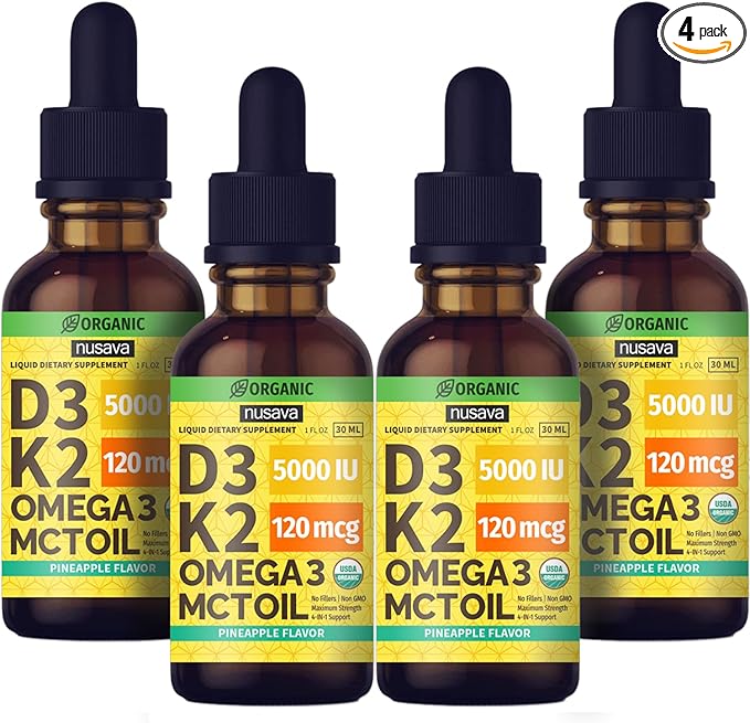 (4 Pack) Organic Vitamin D3 K2 Drops with MCT Oil Omega 3, Maximum Strength Vitamin D Liquid 5000 IU, No Fillers, Non-GMO Liquid D3 for Faster Absorption and Immune Support (Pineapple, 4 Fl Oz)